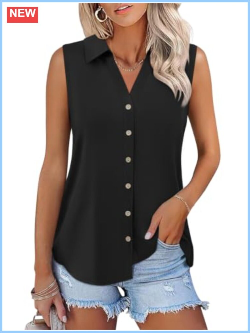 Womens Button Down Tank Top Sleeveless V-Neck Business Casual Shirt